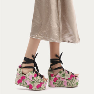 Storm Embroidered Lace Up Flatforms in Pink