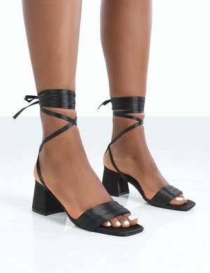 Caught Out Black Satin Square Open Toe Lace Up Block Heeled Sandals