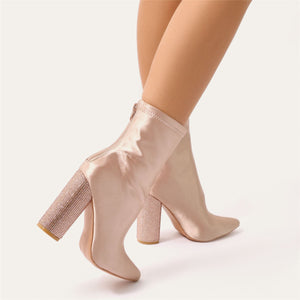 Chica Diamante Heel Sock Fit Ankle Boots in Rose Gold Satin