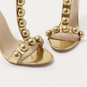 Faded T-bar Dome Stud Stiletto Heels in Gold