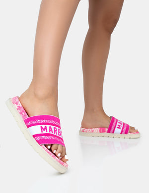 Jet Set Hot Pink Embroidered Marbella Print Slider Sandals