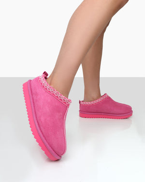 Tamsin Pink Faux Suede Embroidered Slipper Boots