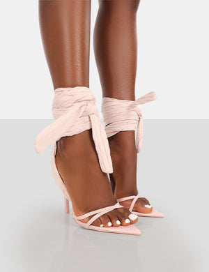 Brunchin Pink Linen Tie Up Stiletto Heels