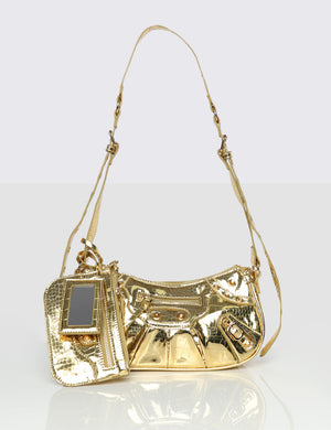The Trackstar Metallic Gold Croc Studded Mirror Zip Detail Handbag