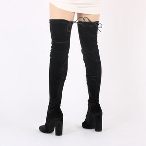 Annie Velvet Over The Knee Boots in Black