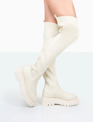 New-Me Ecru Pu and Knit Over The Knee Chunky Sole Sock Fit Boots