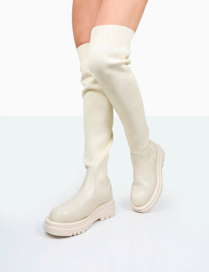 New-Me Ecru Pu and Knit Over The Knee Chunky Sole Sock Fit Boots