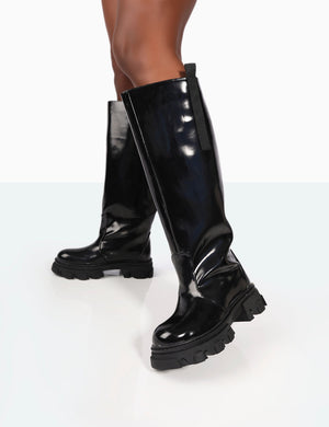 Genius Wide Fit Black Box Patent Knee High Chunky Sole Boots