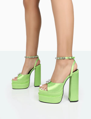 Frozen Lime Satin Diamante Strap Open Toe Block Platform Heels
