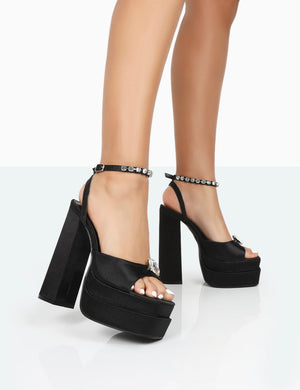 Black Asymmetric Diamante Strap Block Heel Sandals