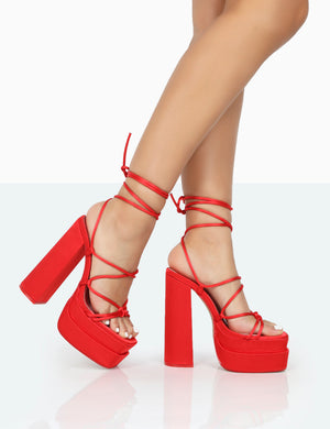 Glow Girl Red Satin PU Lace Up Platform High Heels