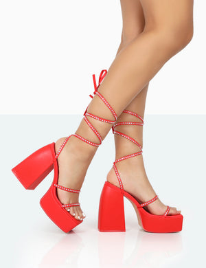 Helena Red Grain Pu Diamante Chunky Square Toe Platform Heel Block Heels