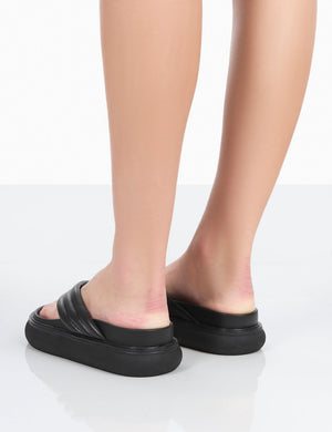 Serena Black Pu Thong Strap Wedge Slider Sandals