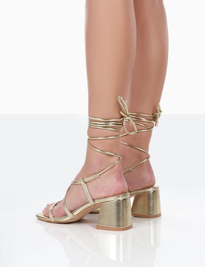 Mabel Gold Metallic Ankle Tie Block Heeled Sandals