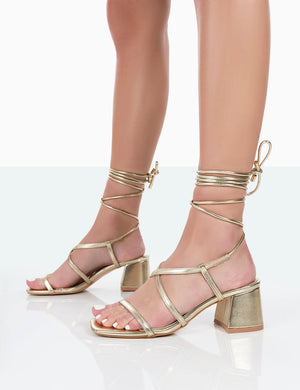 Mabel Gold Metallic Ankle Tie Block Heeled Sandals