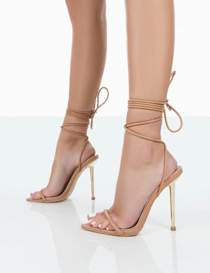 Look Back Nude Pu Pointed Toe Lace Up Stiletto Heels