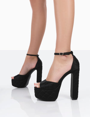 Kylie Black Padded Nylon High Heel Peep Toe Platform Block Heels