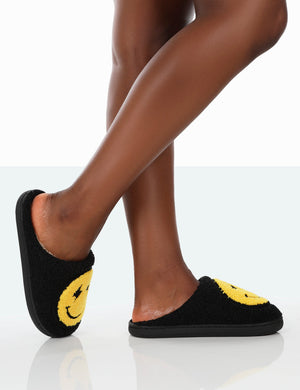 Daze Black Printed Smiley Face Slippers