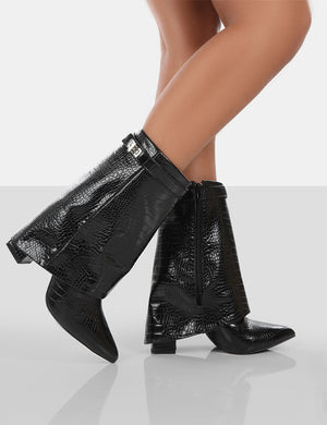 Fyre Black Croc Pointed Toe Heeled Ankle Boots