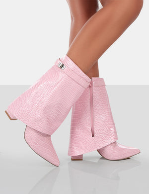Fyre Baby Pink Croc Pointed Toe Heeled Ankle Boots
