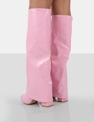 Zendaya Pink Croc Pointed Toe Knee High Boots
