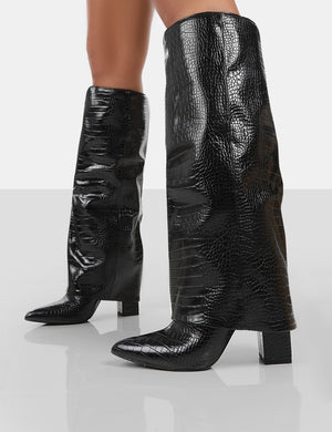 Zendaya Black Croc Pointed Toe Knee High Boots