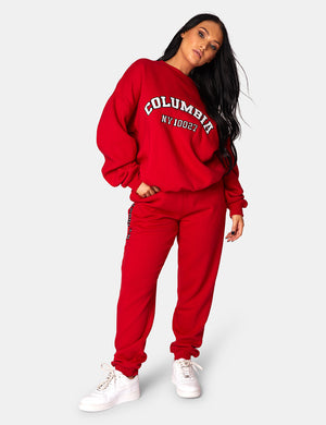 Oversized Columbia Embroidered Slogan 90S Joggers Red