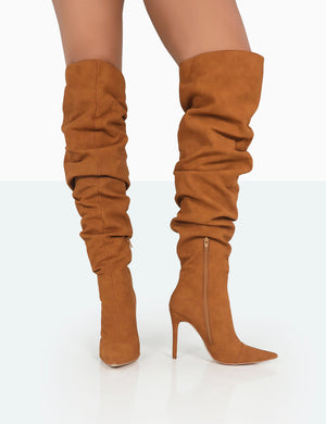 Lariza Tan Faux Suede Pointed Toe Stiletto Over the Knee Boots