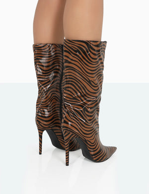 Wanda Camel Zebra PU Pointed Toe Stiletto Knee High Boots