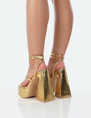 Pierce Gold Pu Square Toe Strappy Platform Flared Block Heels