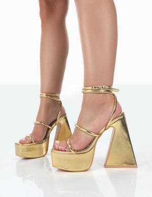 Pierce Gold Pu Square Toe Strappy Platform Flared Block Heels