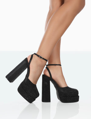 Moonchild Wide Fit Black Diamanté Satin Closed Toe Statement Platform Block Heels