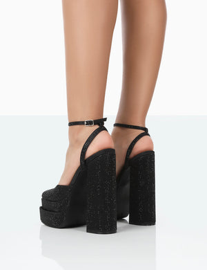 Moonchild Wide Fit Black Diamanté Satin Closed Toe Statement Platform Block Heels