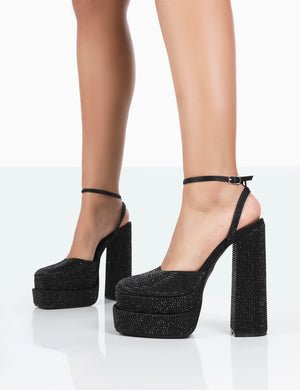 Moonchild Wide Fit Black Diamanté Satin Closed Toe Statement Platform Block Heels