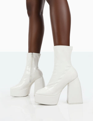 Own Thing Wide Fit White Patent Chunky Square Toe Platform Heel Ankle Boots