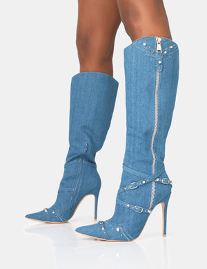 Worthy Blue Denim Studded Zip Detail Pointed Toe Stiletto Knee High Boots