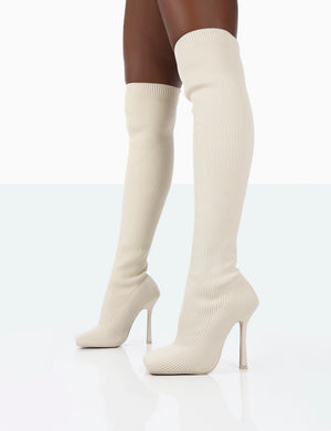 Bubbles White Wide Fit Knitted Over The Knee Boots