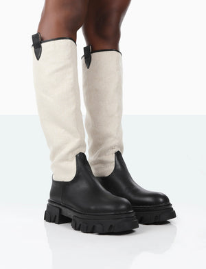 Genius Black PU Knee High Linen Chunky Sole Boots
