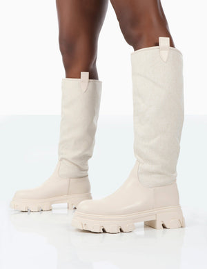 Genius Ecru PU Knee High Linen Chunky Sole Boots