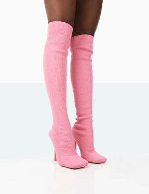 Bubbles Pink Wide Fit Knitted Knee High Boots