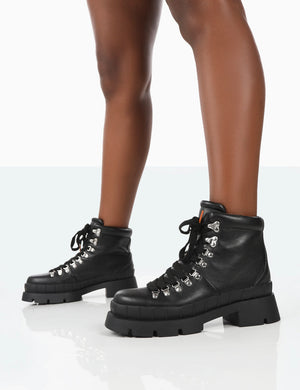 Hike There Black Pu Lace Up Chunky Sole Winter Boots