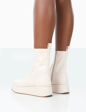 Not Okay Ecru Pu Chunky Sole Sock Ankle Boots