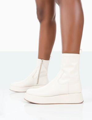 Not Okay Ecru Pu Chunky Sole Sock Ankle Boots