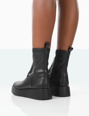 Not Okay Black Pu Chunky Sole Sock Ankle Boots
