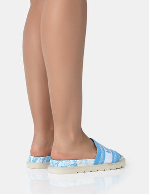 Jet Set Blue Embroidered Mykonos Print Slider Sandals
