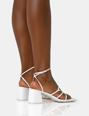 Dayla White Pu Strappy Square Toe Block Mid Heel Sandals