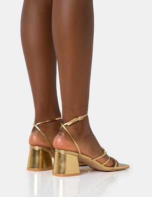 Dayla Gold Strappy Square Toe Block Mid Heel Sandals