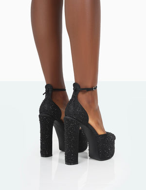 Effie Black Sparkly Diamante Ankle Strap Block Heel Platform Court High Heels