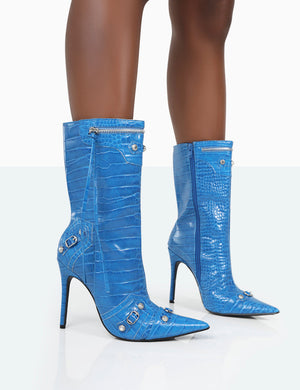 Kulture Blue Croc Pointed Toe Zip Detail Ankle Boots