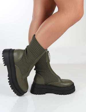 Code Khaki PU Chunky Zip Up Detail Ankle Boots